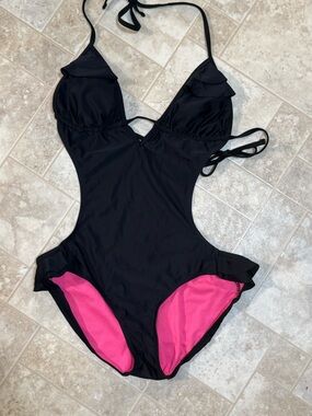 OP Black One-Piece Swimsuit with Pink Lining